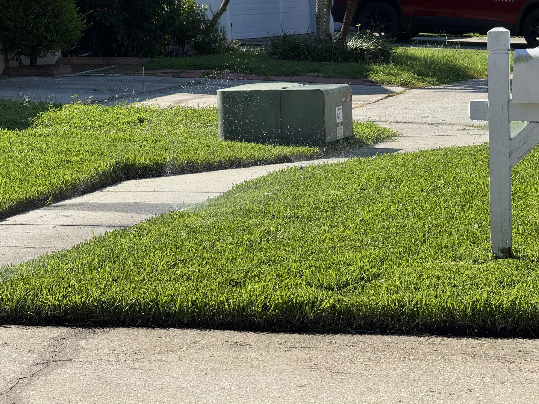 Fresh turf installed along a curved sidewalk corner