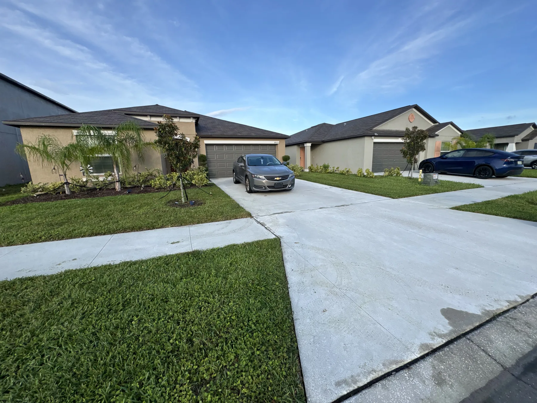 Wide view of maintained lawns across neighboring homes